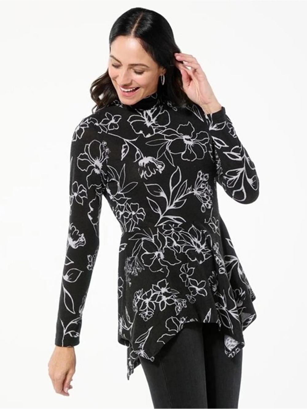 DG2 Diane Gilman Black and White Floral Peplum Tunic Top